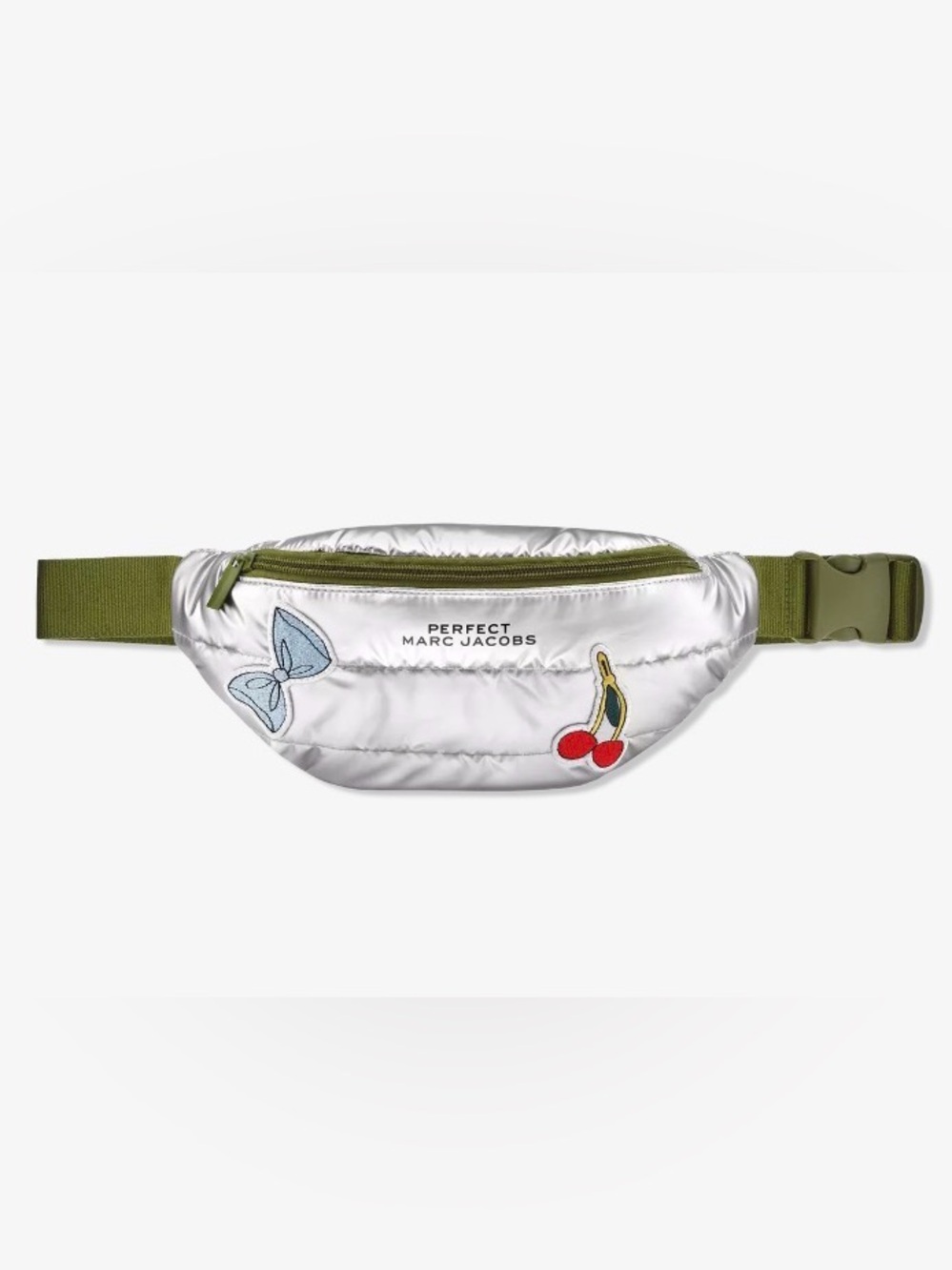 Marc Jacobs Silver Puffer Belt Bag with Olive Trim & Cherry + Bow Patches NEW!
